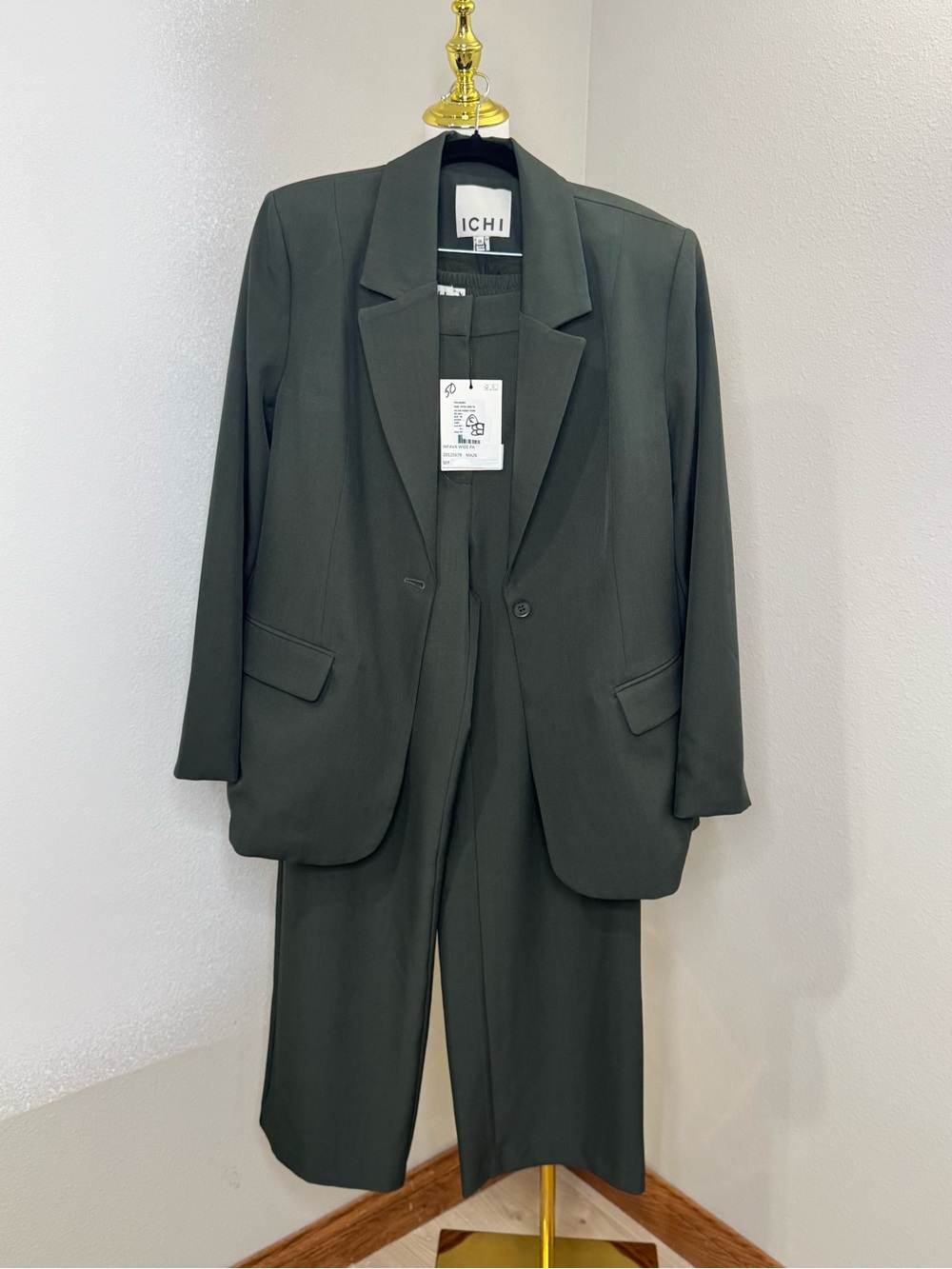 ICHI Fava 2 Piece Suit 36 Rosin Forest Gray Blazer Wide Leg Pants NWT